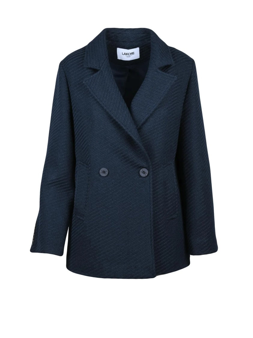 Lakore Navy Blue Double-Breasted Wool-Blend Short Coat