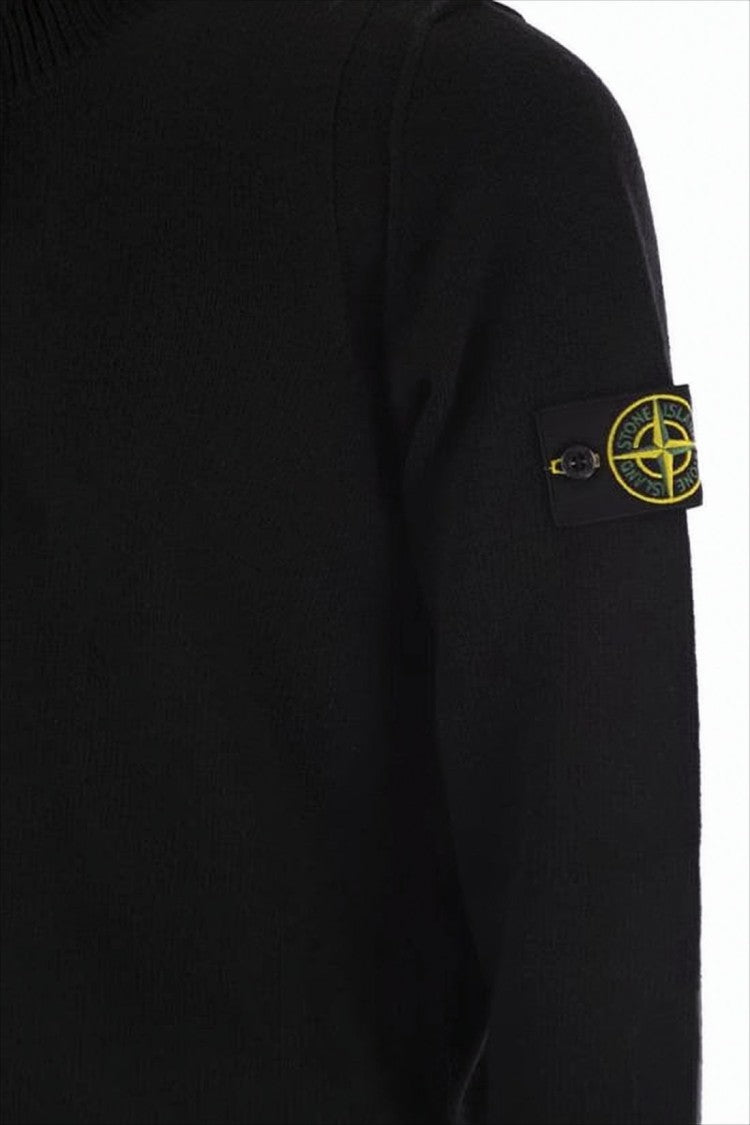 Stone Island Ribbed Black Turtleneck Sweater With Distinctive Patch