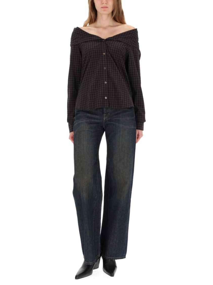 Our Legacy Off-The-Shoulder Black Shirt With Subtle Grid Pattern