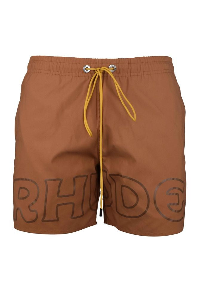 Rhude Brown Nylon Swim Shorts With Contrast Drawstrings