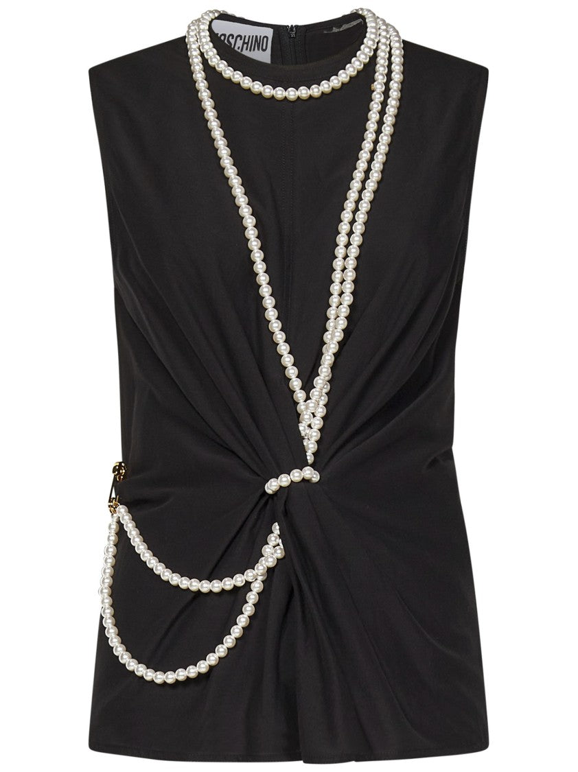 Moschino Tailored Black Sleeveless Top With Maxi Pearl Accents