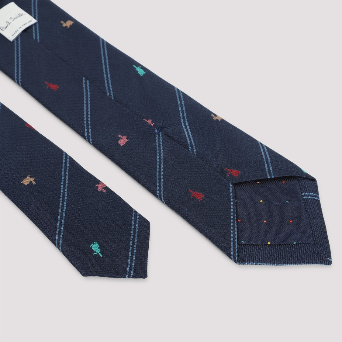 Paul Smith Navy Silk Tie With Playful Animal Embroidery