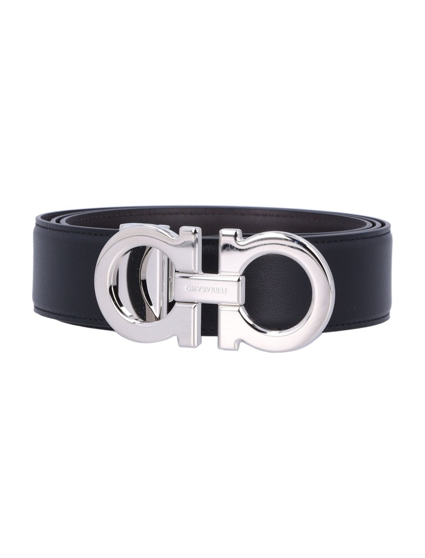 Ferragamo Double Adjus Black Leather Belt