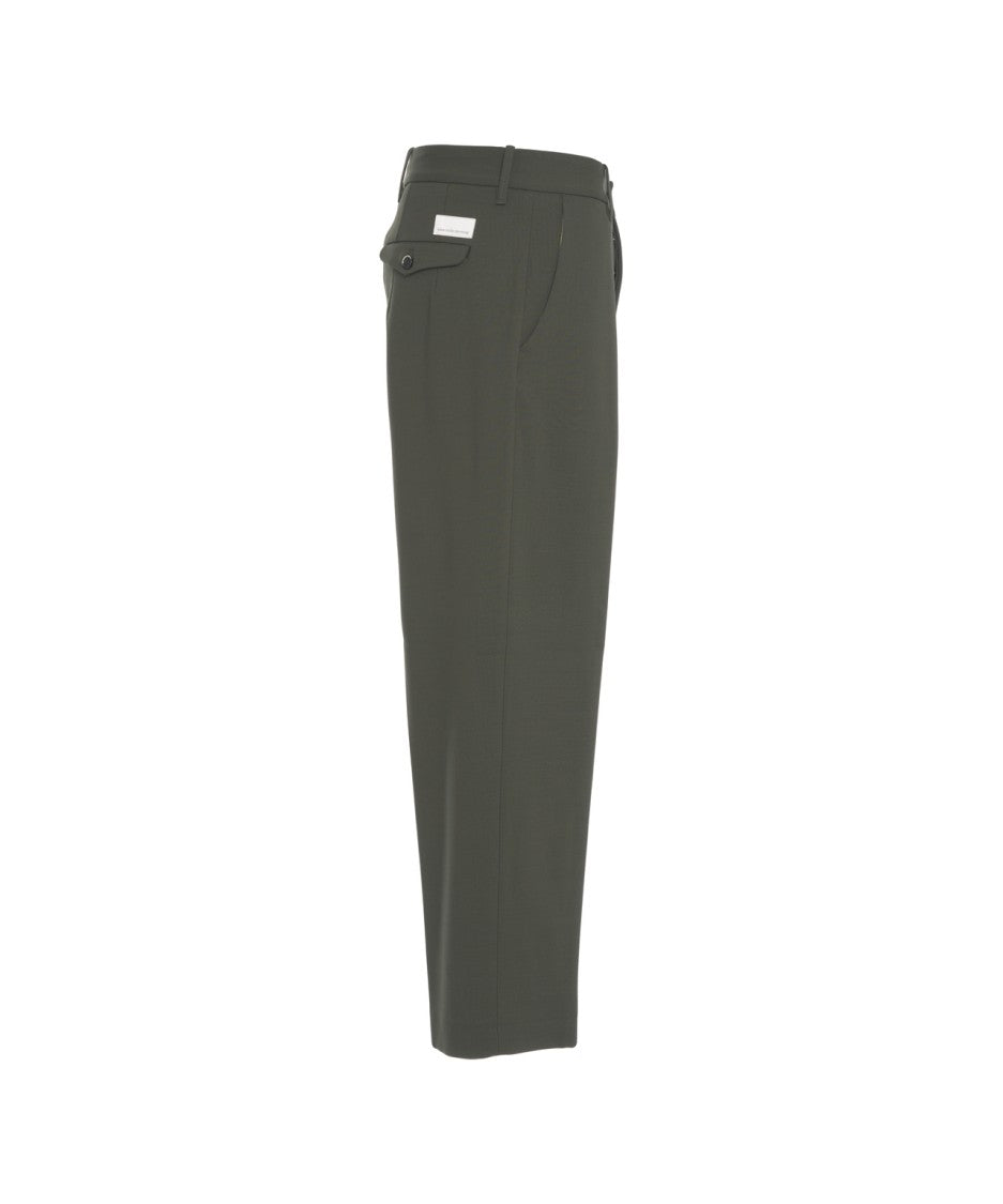 Nine In The Morning Tailored Olive Trousers With Pressed Pleats And Flap Pockets