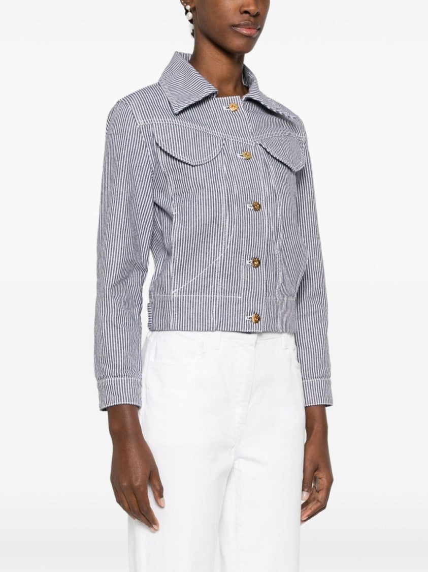 Patou Cropped Navy Blue And White Vertical Stripe Jacket