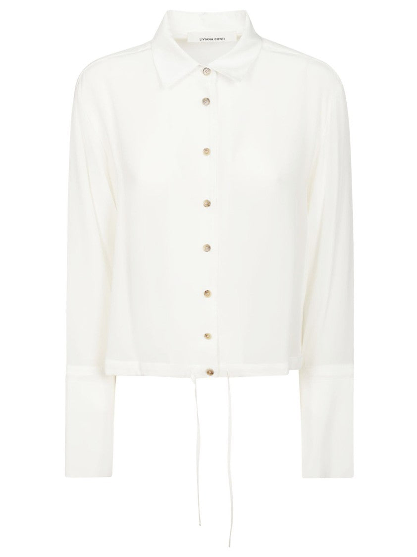 Liviana Conti Cropped White Silk Shirt With Golden Button Closure