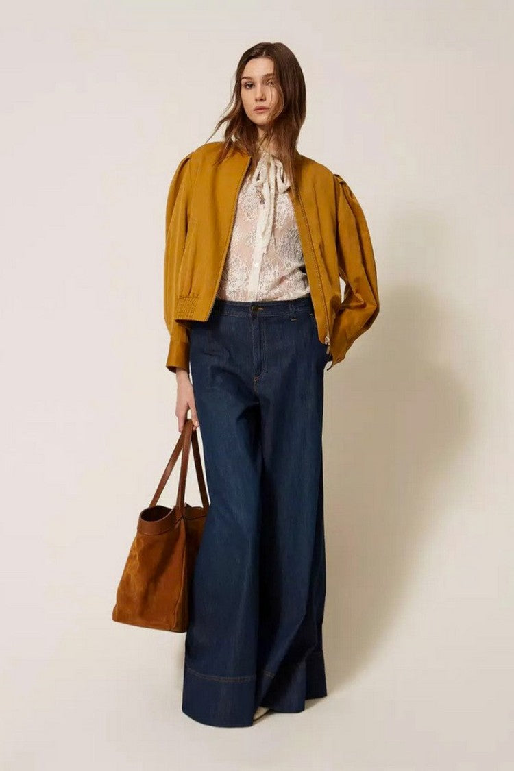 Twin-Set Blue Cotton-Elastane Wide-Leg Denim Trousers