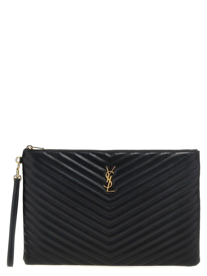Saint Laurent Chevron Quilted Leather Clutch With Metal Logo Detail