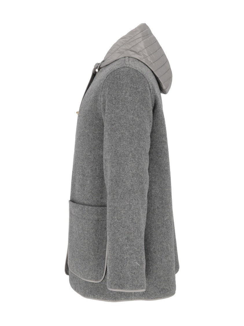 Fay Dual-Material Short Jacket With Quilted Hood And Hook Closure