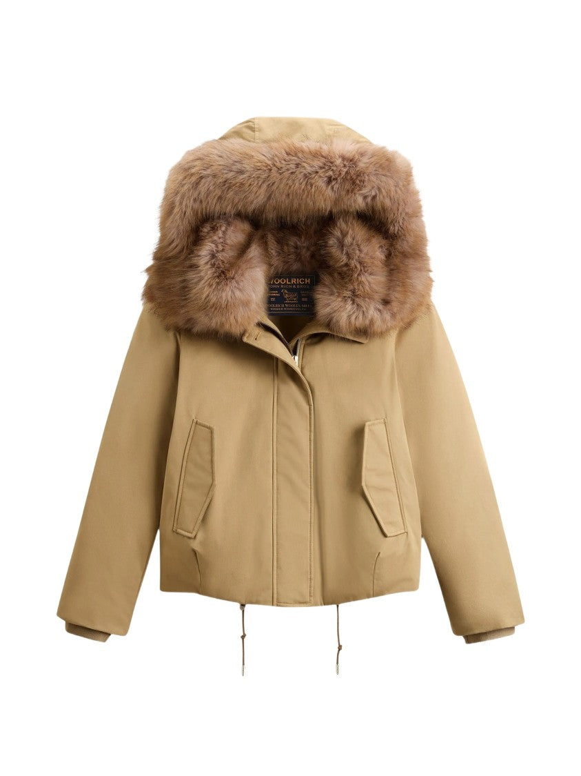Woolrich Beige Short Cotton Faux Fur Trimmed Parka