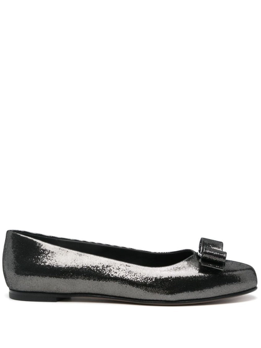Salvatore Ferragamo Silver Flat Ballerinas With Bow Detail