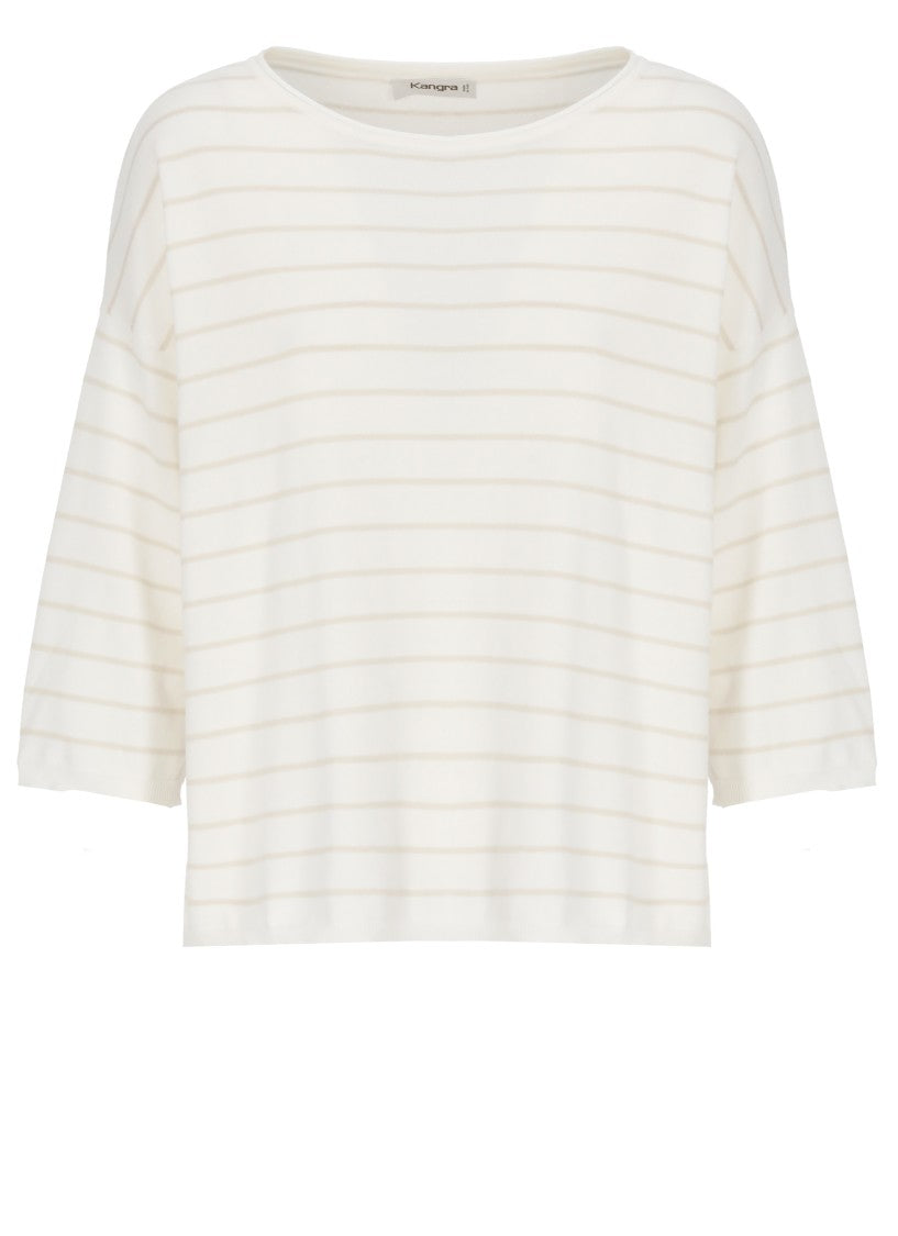 Kangra Ivory Cotton Striped Crewneck Sweater