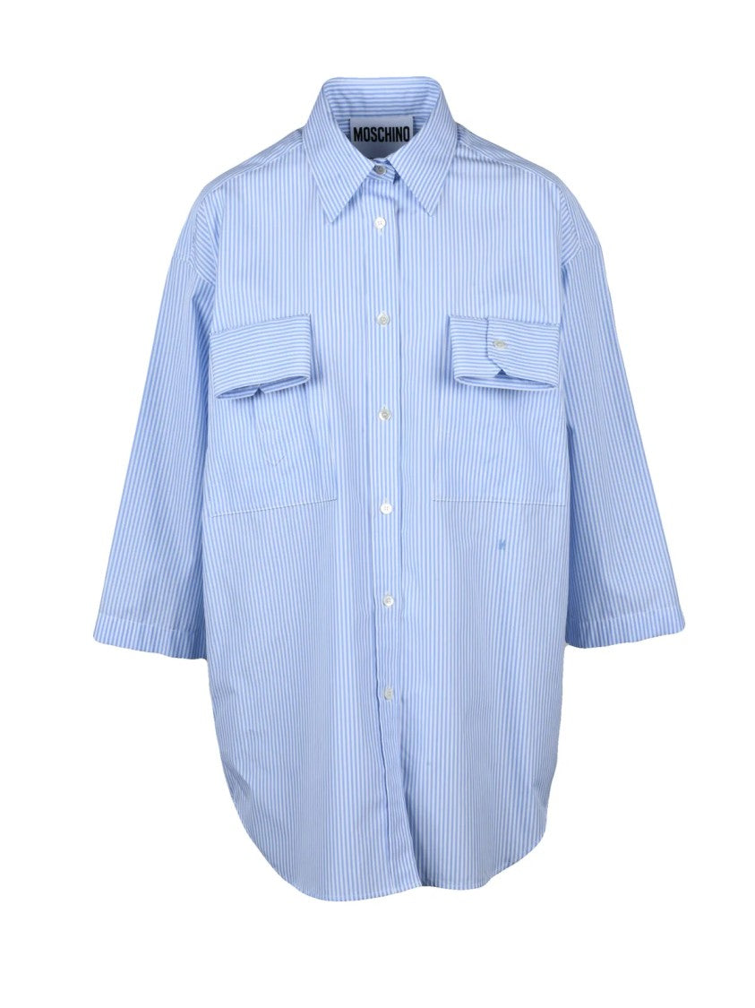 Moschino Couture White/Light Blue Oversized Striped Cotton Shirt