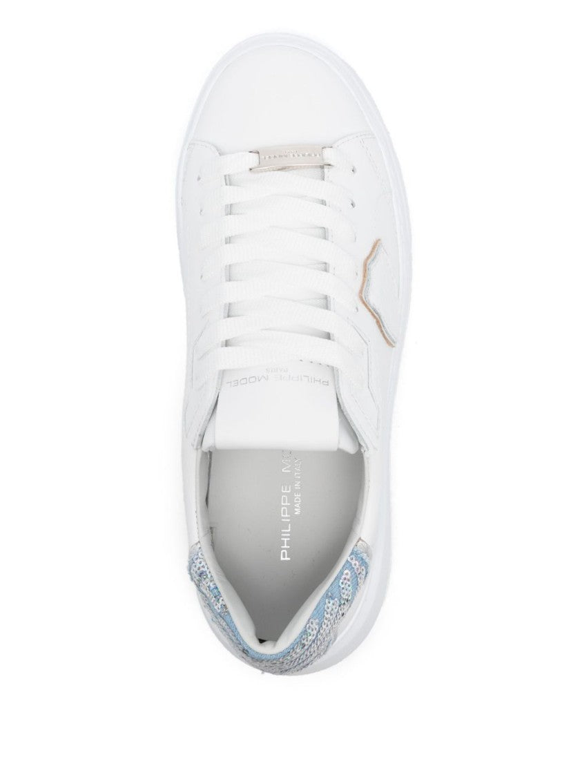 Philippe Model White Leather Sneakers with Textured Blue and Silver Accents