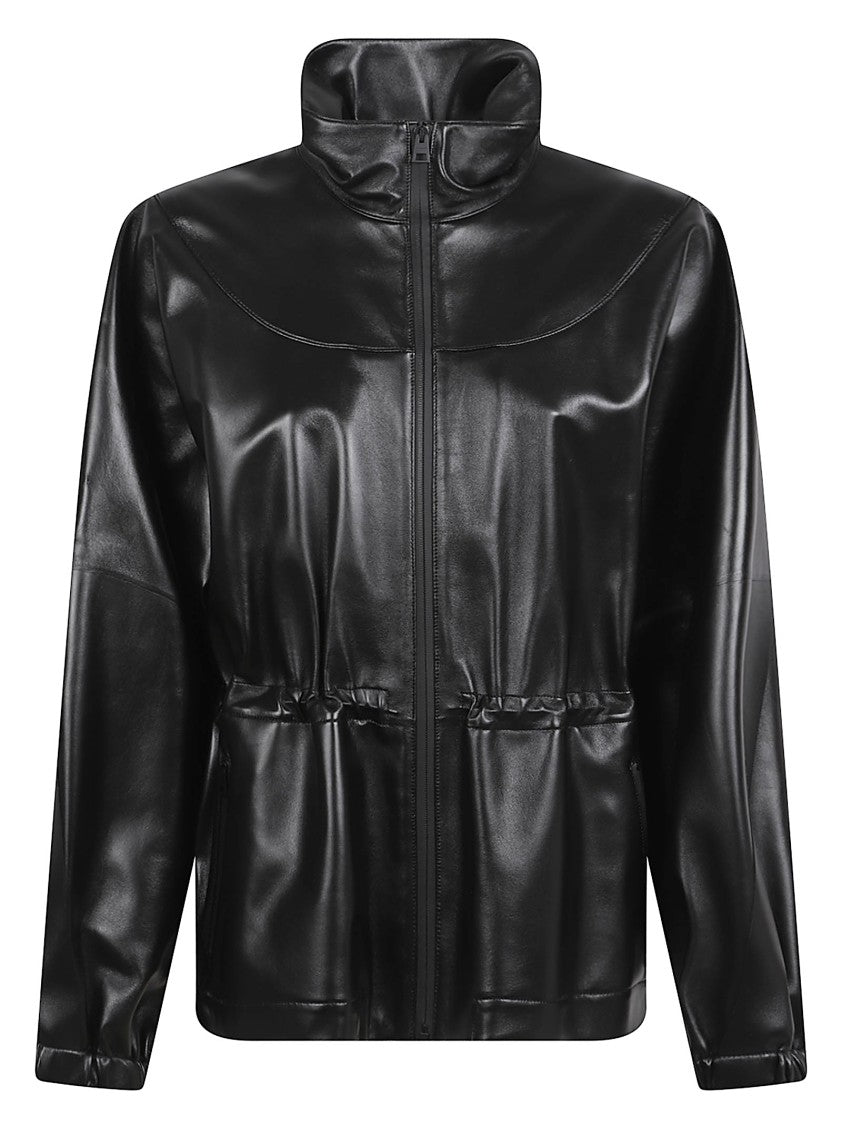 Givenchy Sleek Black Leather Coat With High Collar And Embossed Detailing