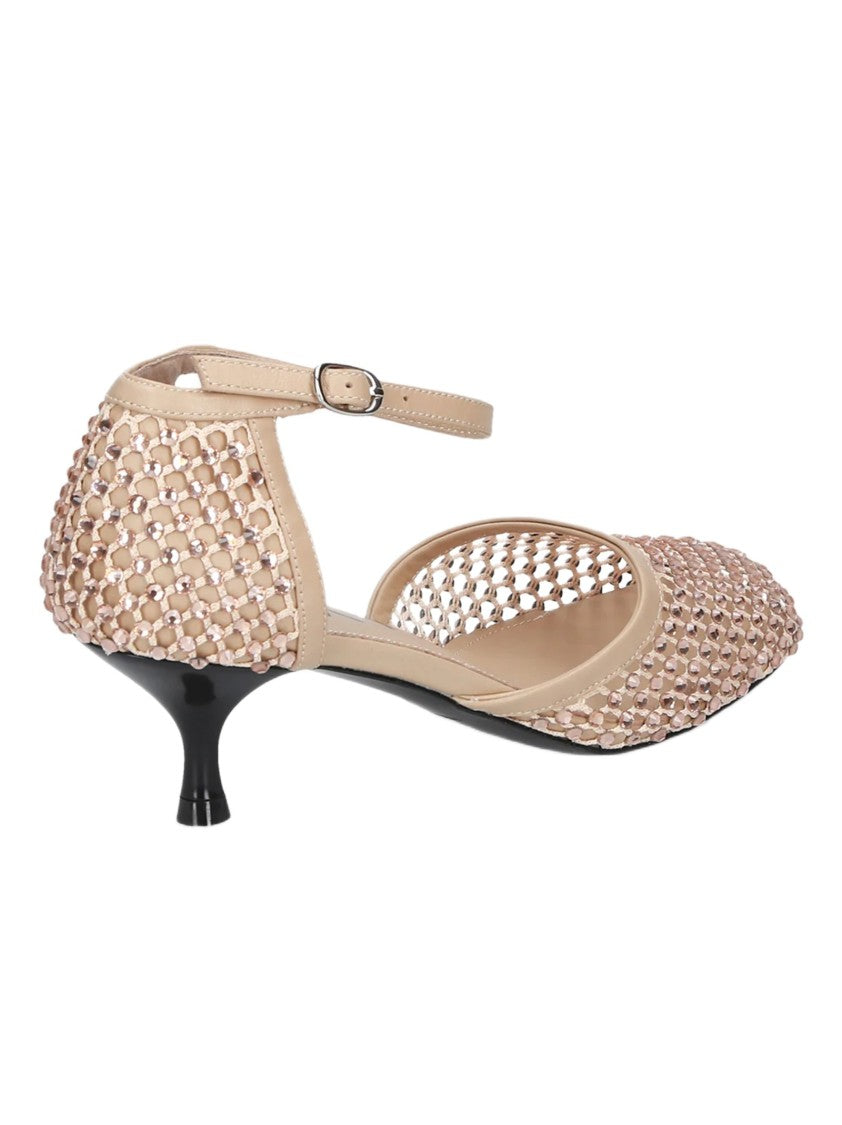 Strategia Perforated Fabric Ankle Strap Pumps With Rhinestone Embellishments