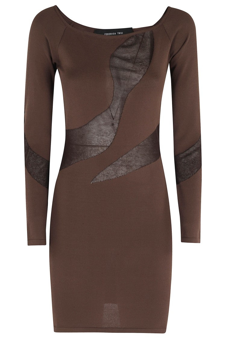 Federica Tosi Brown Semi-Sheer Inserts Boat-Neck Viscose Mini Dress