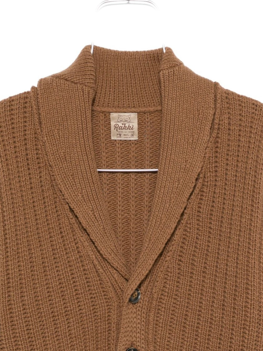 Rakki' Ribbed Shawl-Collar Brown Knit Sweater