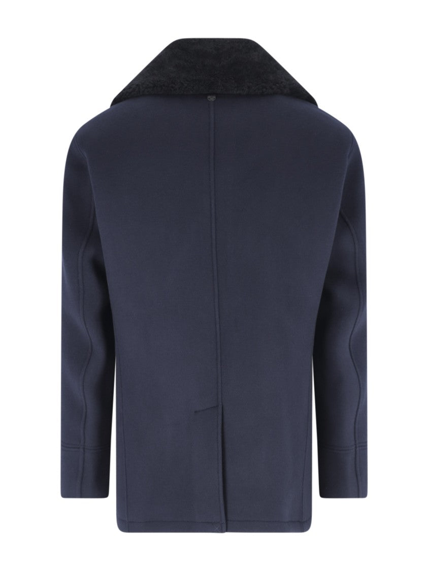 Mackage Navy Cole Double-Breasted Shearling Collar Wool Coat