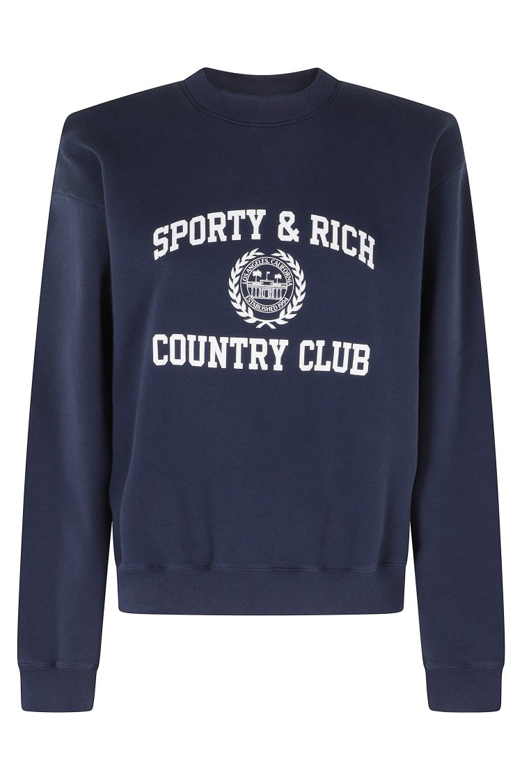 Sporty And Rich Navy Blue Varsity Printed Logo Crew Neck Cotton Sweatshirt