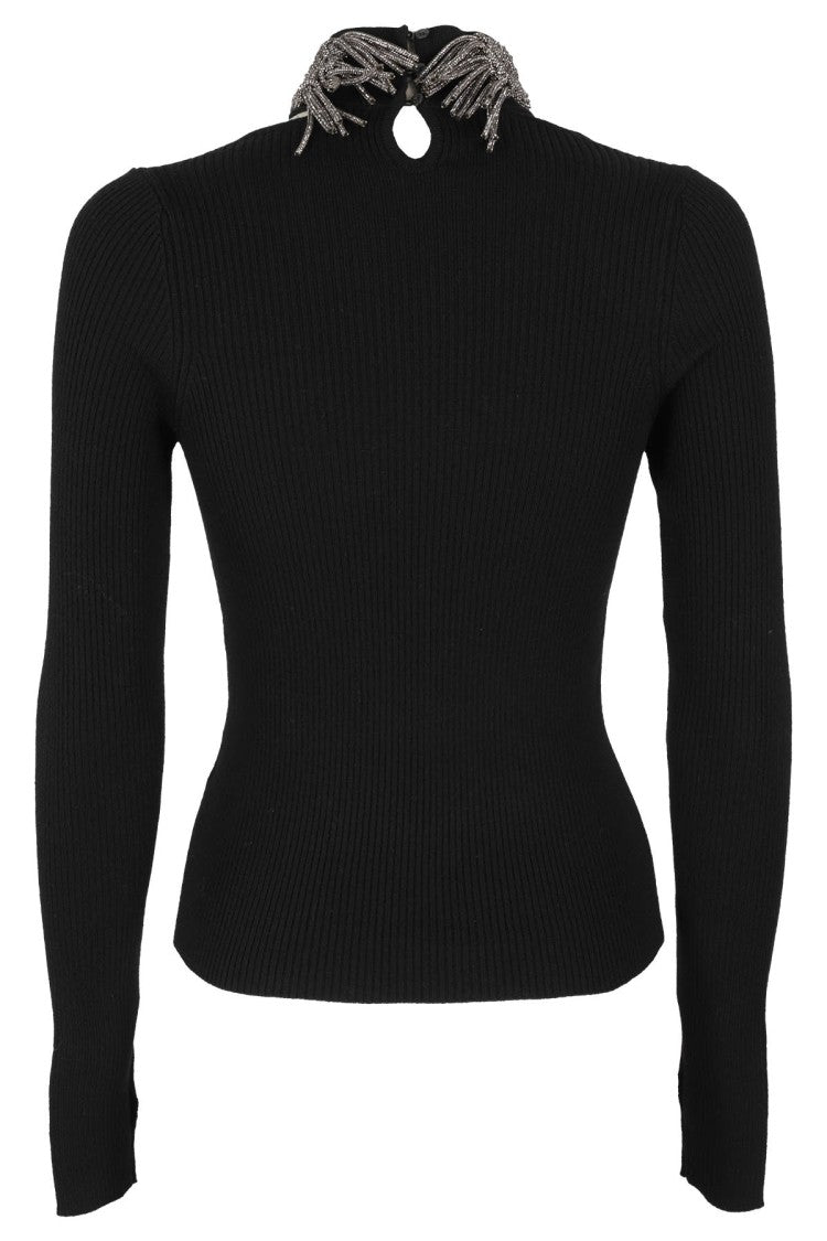 Giuseppe Di Morabito Fitted Black Merino Wool Knit Crystal Top