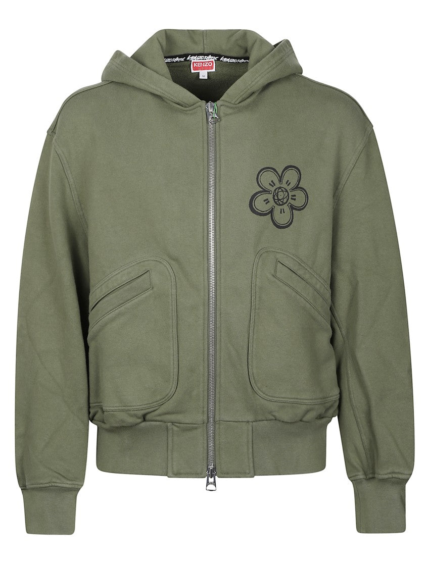 Kenzo Olive Green Full-Zip Hoodie With Floral Print