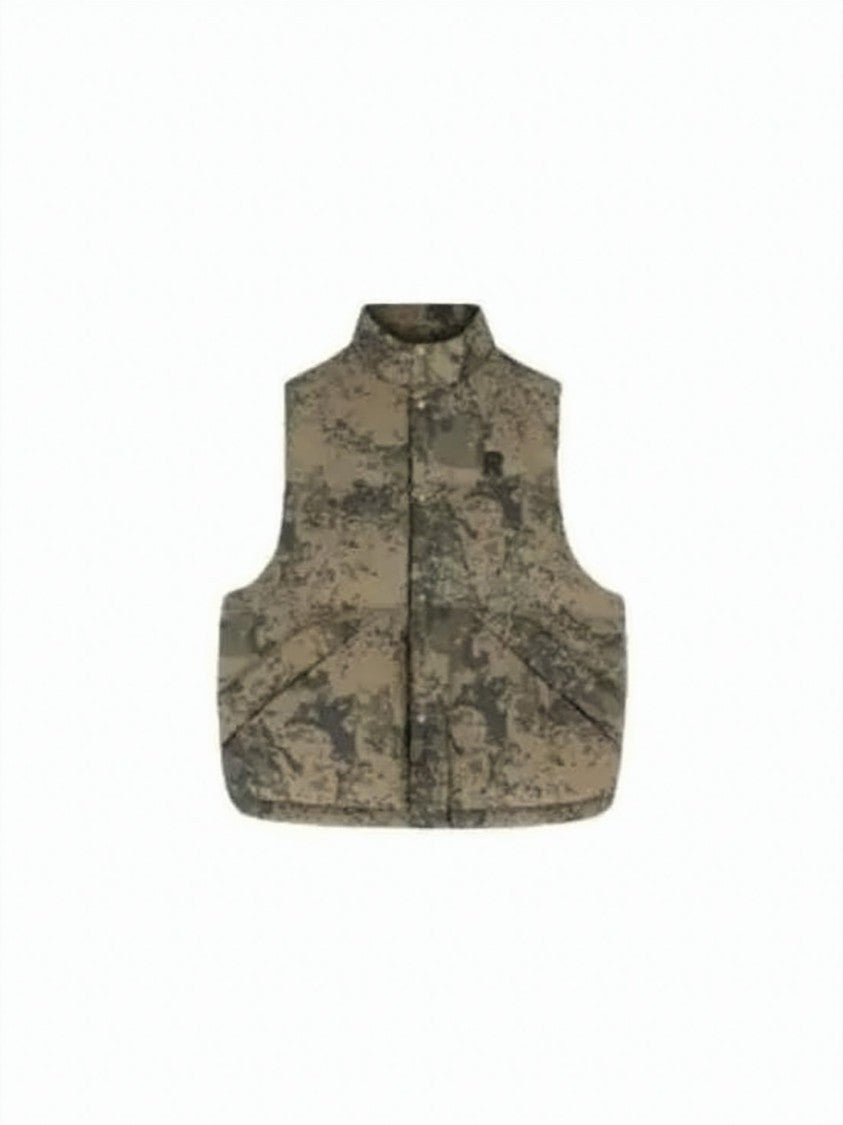 Represent Camouflage Padded Vest With High Collar And Snap-Button Closure