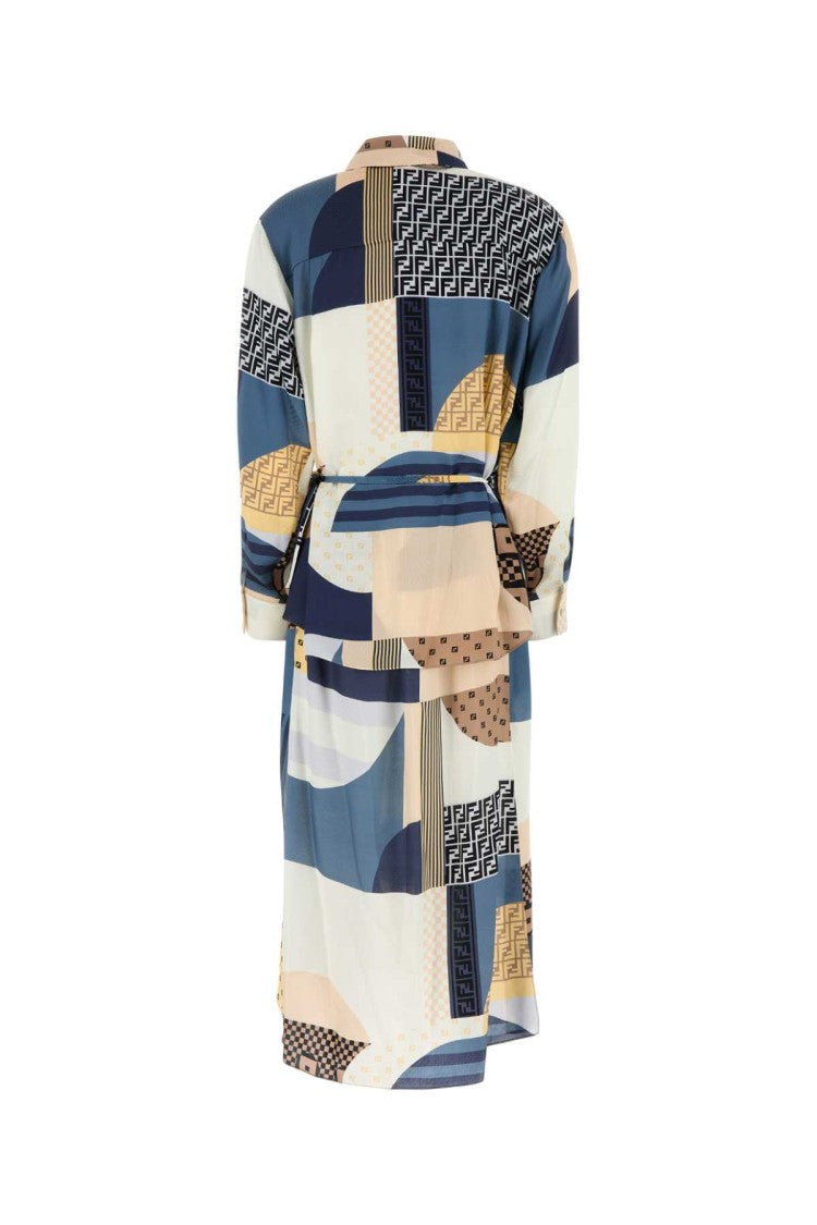 Fendi Geometric Pattern Silk Dress With Belted Waist