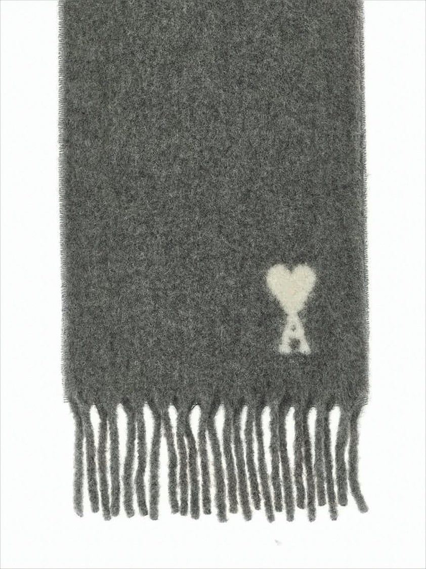 Ami Medium-Grey Alpaca Blend Scarf With Heart Logo