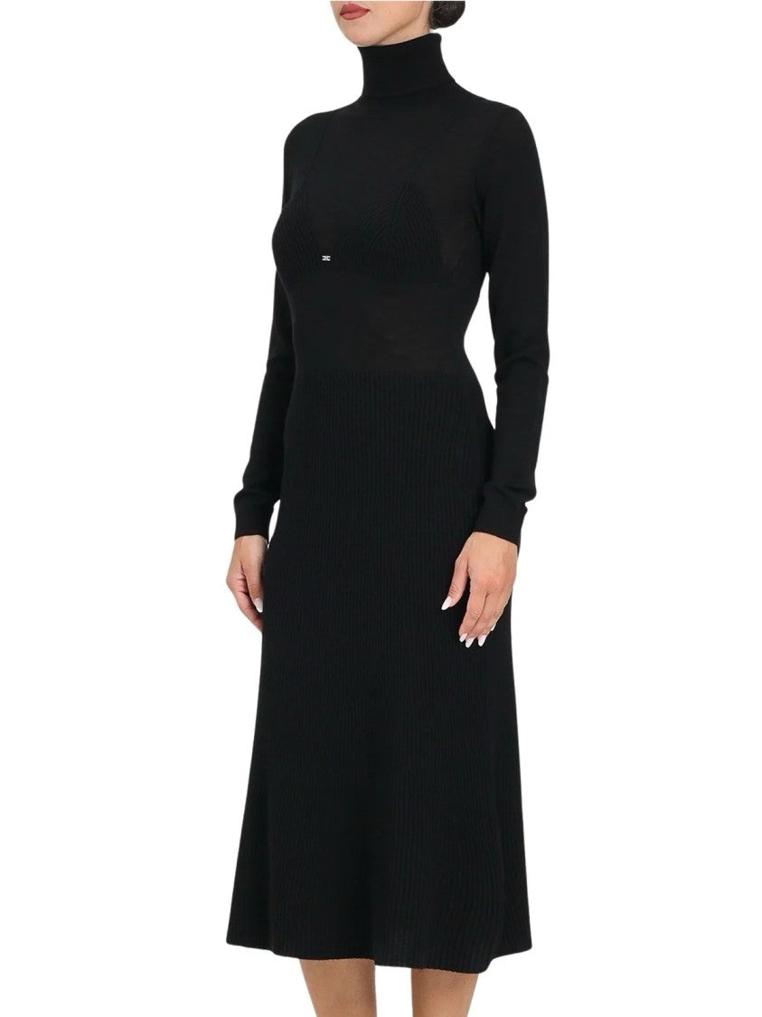 Elisabetta Franchi Fitted Black Knit Dress With High Turtleneck And Ribbed Texture