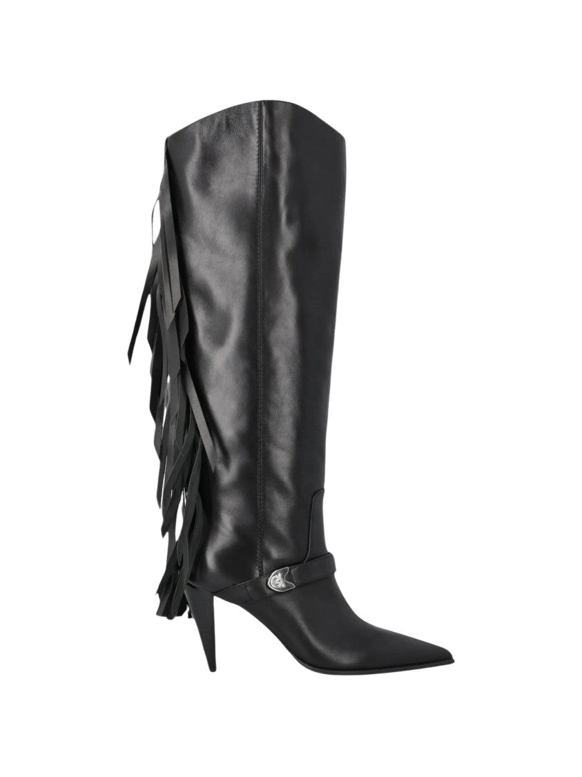 Pinko Knee-High Fringe Boots With Pointed Toe And Angled Heel