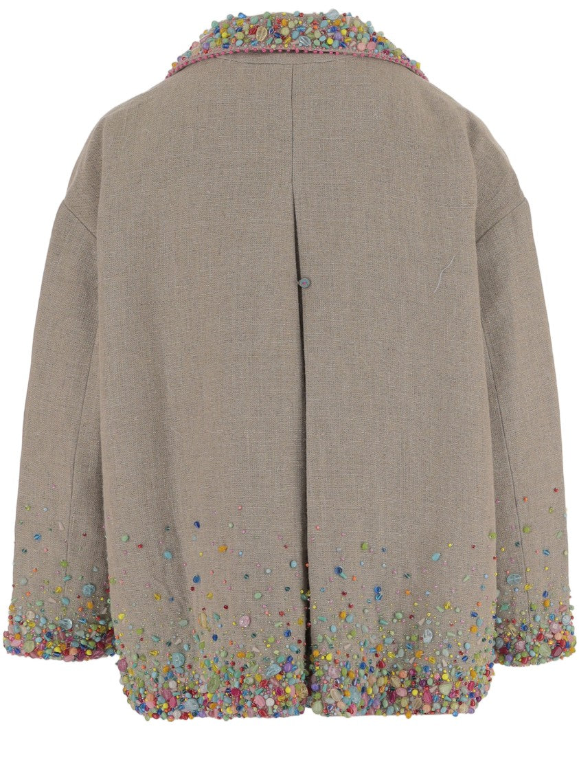 Pero Beige Linen Jacket With Bead Appliqué
