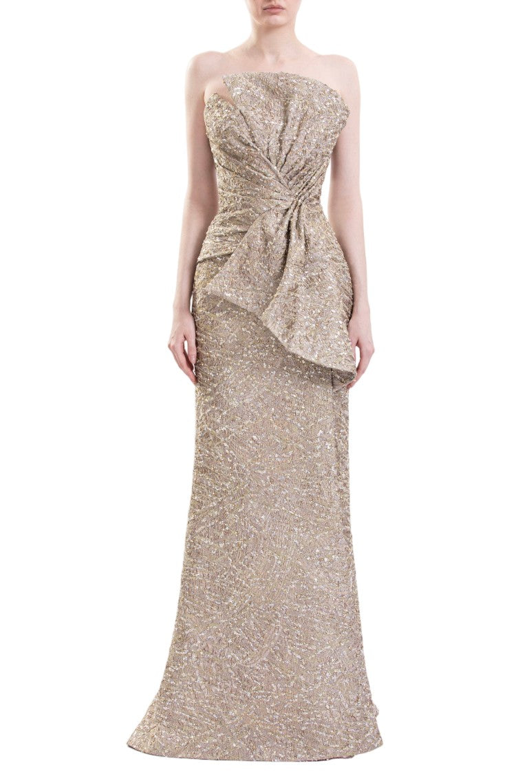 Saiid Kobeisy Gold Embellished Brocade Evening Dress With Asymmetrical Bow Detail