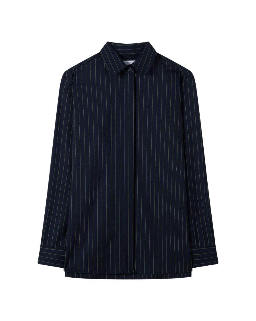 Serena Bute Wool Pinstripe Boyfriend Shirt - Navy/Green