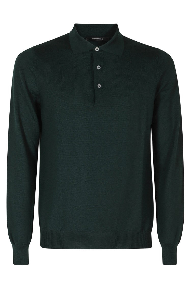 Tagliatore Green Merino Long-Sleeve Wool Polo Shirt