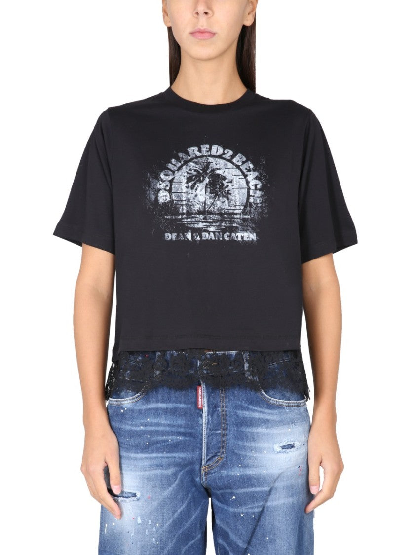 Dsquared2 Cropped T-Shirt With Bold Logo Print And Lace Trim