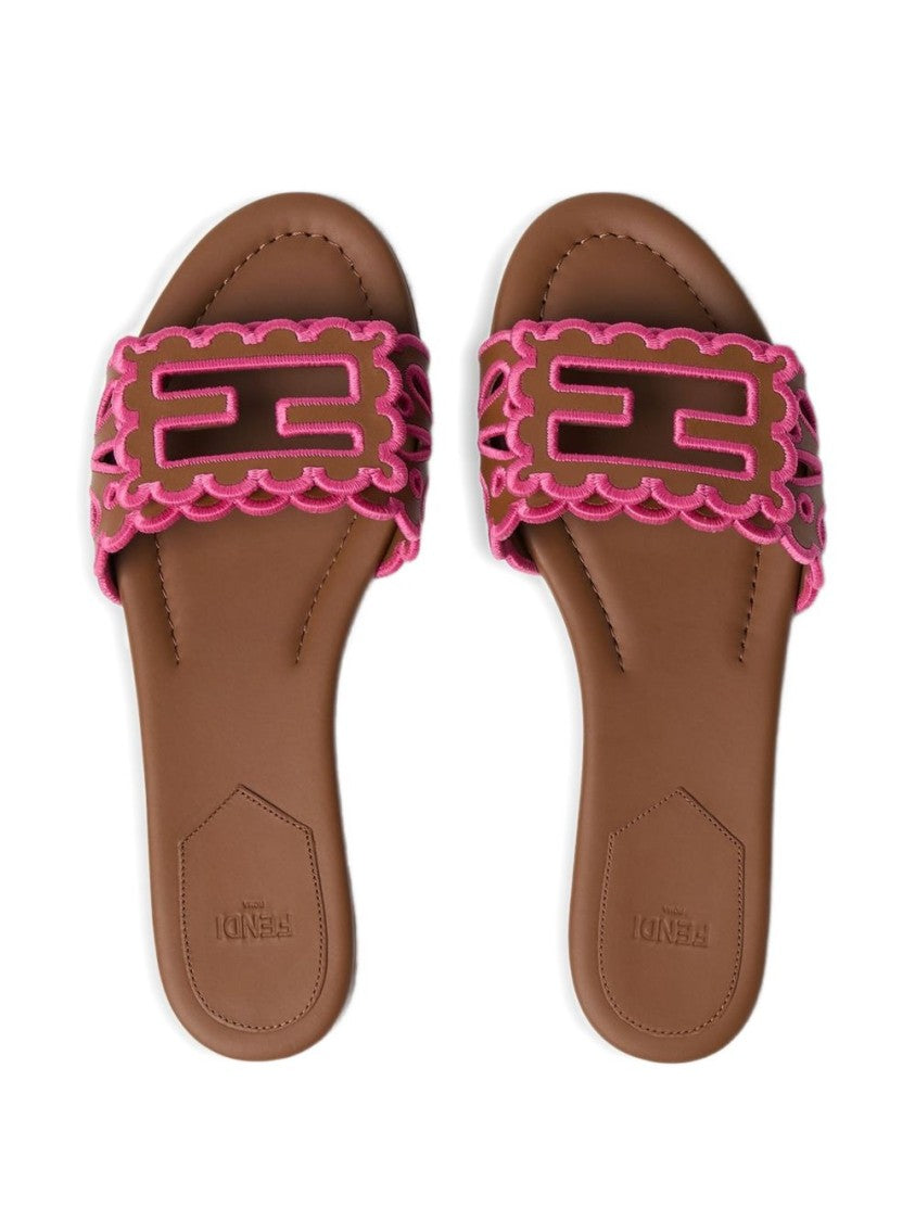Fendi Brown Baguette Nappa Leather Scalloped Slides