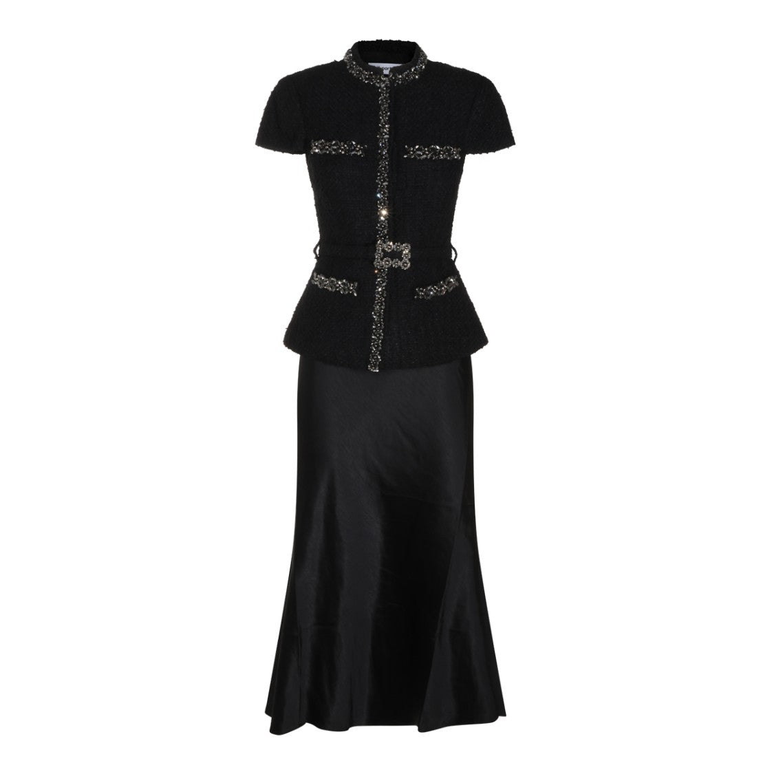 Self-Portrait Fitted Tweed Peplum Beaded Midi Dress