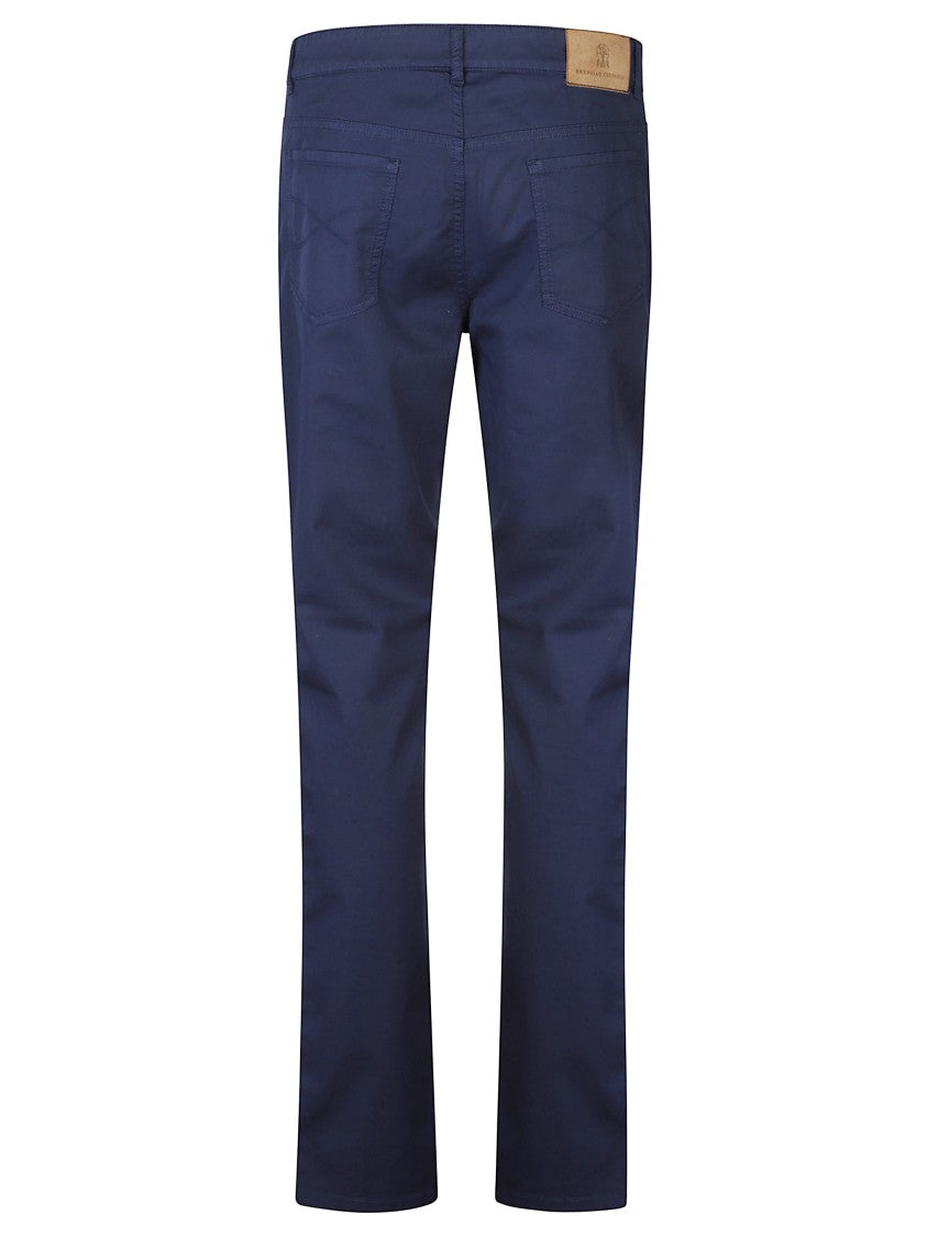 Brunello Cucinelli Blue Embroidered Logo Cotton Formal Pants