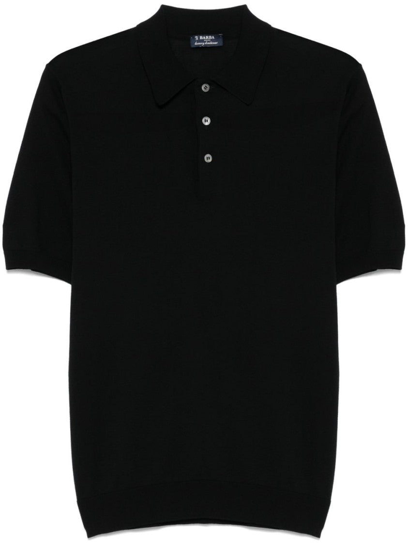 Barba Classic Black Polo With Buttoned Placket