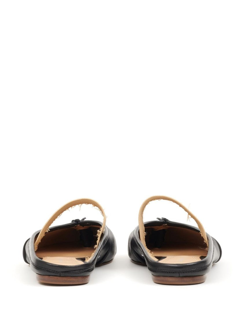 Maison Margiela Split-Toe Black Leather Flats With Frayed Beige Strap