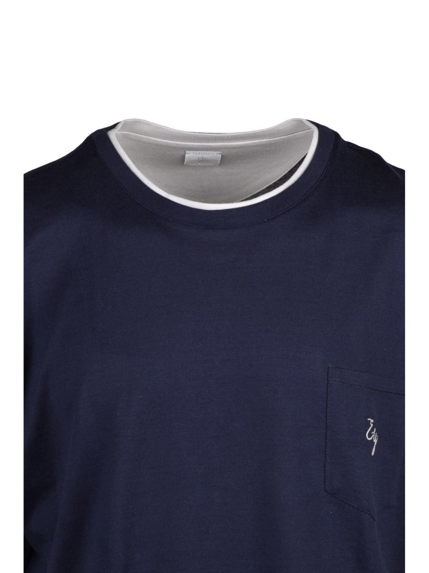 Eleventy Blue Short-Sleeve Embroidered Pocket Cotton T-Shirt