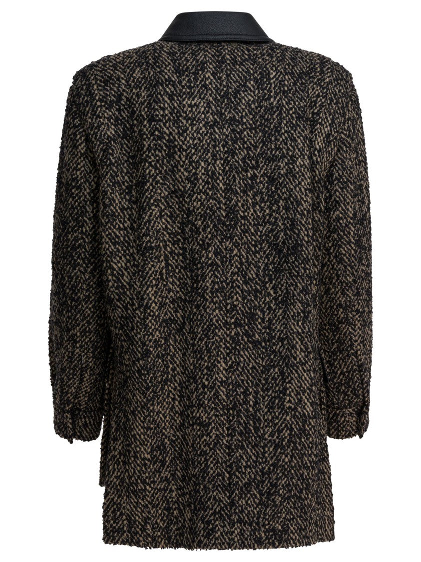 Max Mara Textured Herringbone Wool Coat With Leather Collar