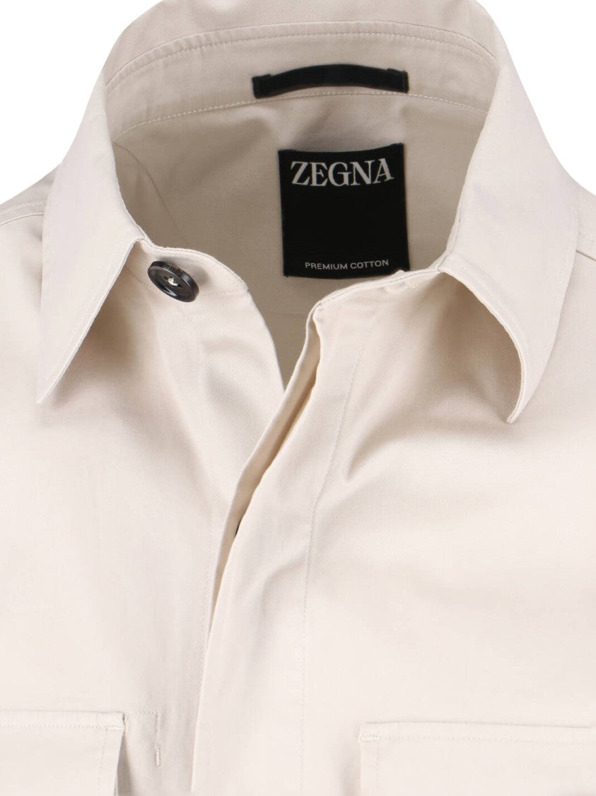 Zegna White Cotton-Blend Curved Hem Casual Shirt