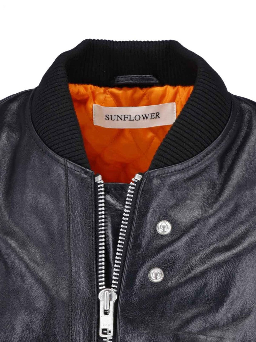 Sunflower Black Leather Ribbed Details Bomber Jacket