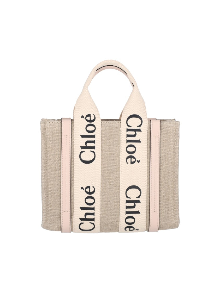 Chloé Beige Woody Lino Logo Tote Bag