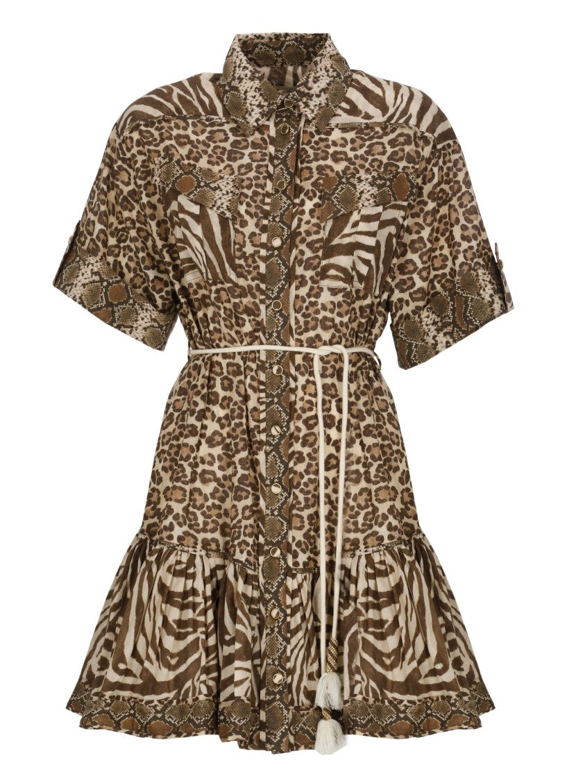 Zimmermann Animal Print Cotton Mini Dress With Belted Waist And Ruffled Hem