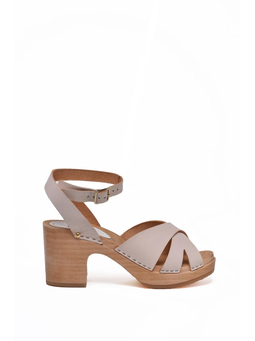 Sabot Youyou White Wooden Block Heel Leather Sandals