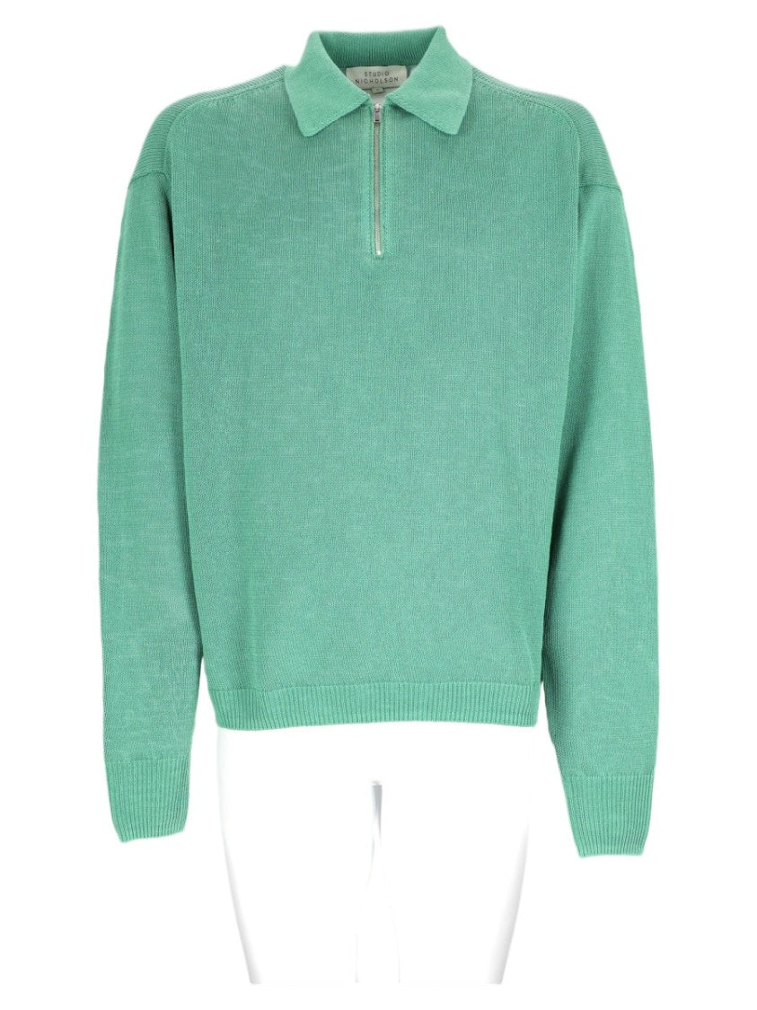 Studio Nicholson Green Half-Zip Long Sleeve Paper Sweater