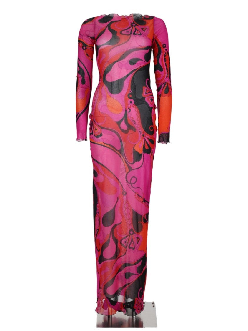 Pucci Floor-Length Fuchsia Abstract Dress With Long Sleeves